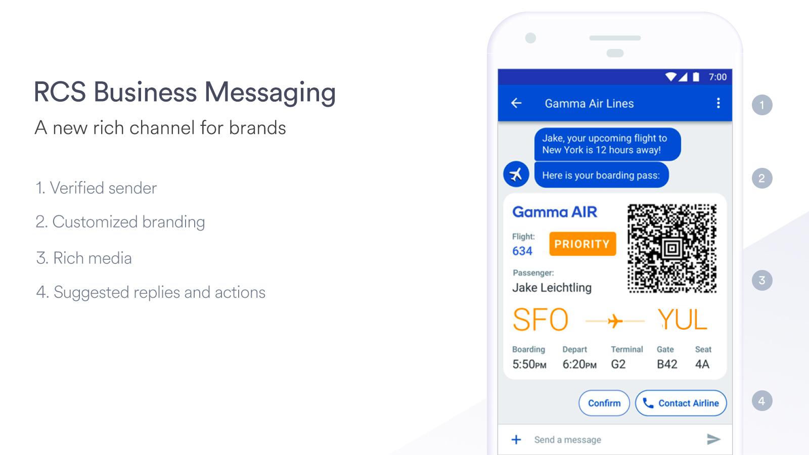 Una interfaz de mensajería empresarial RCS que muestra una tarjeta de embarque de medios enriquecidos y acciones sugeridas, que ilustran las capacidades de una integración RCS.